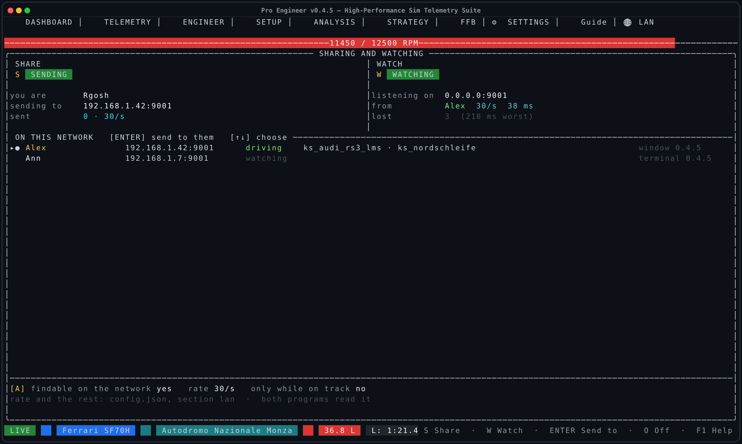 The LAN screen: switches for sharing and watching, the list of machines on the network with the car and track each is driving, and what the link is doing — who is sending, at what rate, how old the picture is