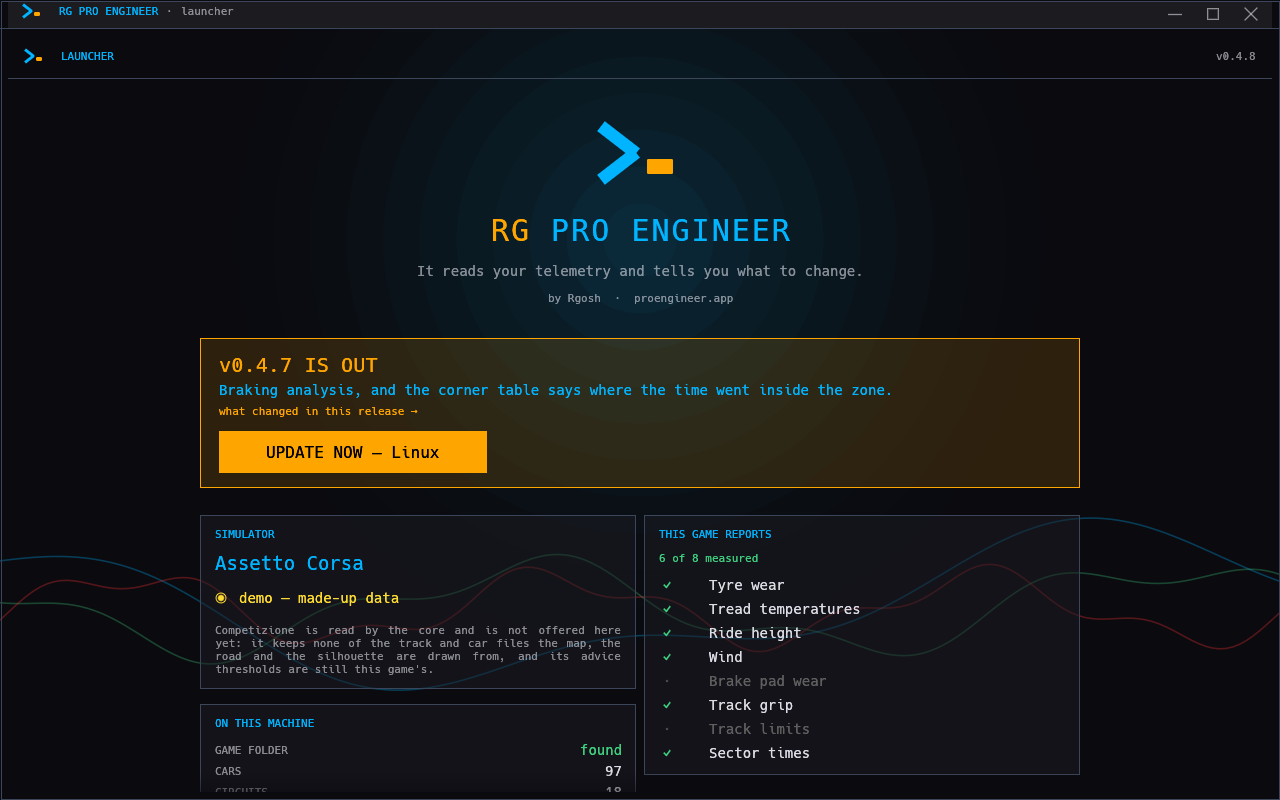 The RG Pro Engineer launcher: pick a simulator, see what it reports, and start
