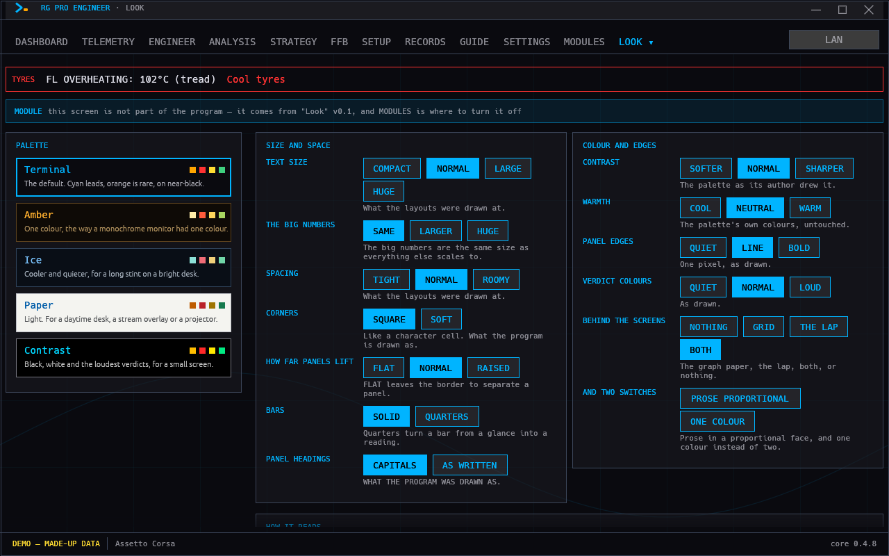 The Look module in RG Pro Engineer: five palettes, text sizes, spacing, corners, borders and contrast