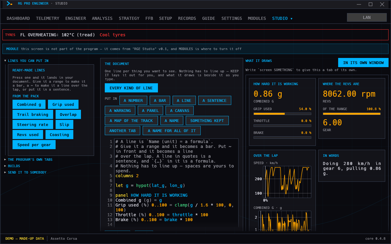 The RGE studio in RG Pro Engineer: a rail of ready-made lines, the document being written, and the screen it draws updating beside it